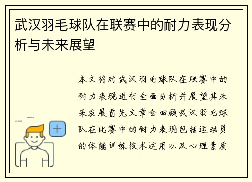 武汉羽毛球队在联赛中的耐力表现分析与未来展望